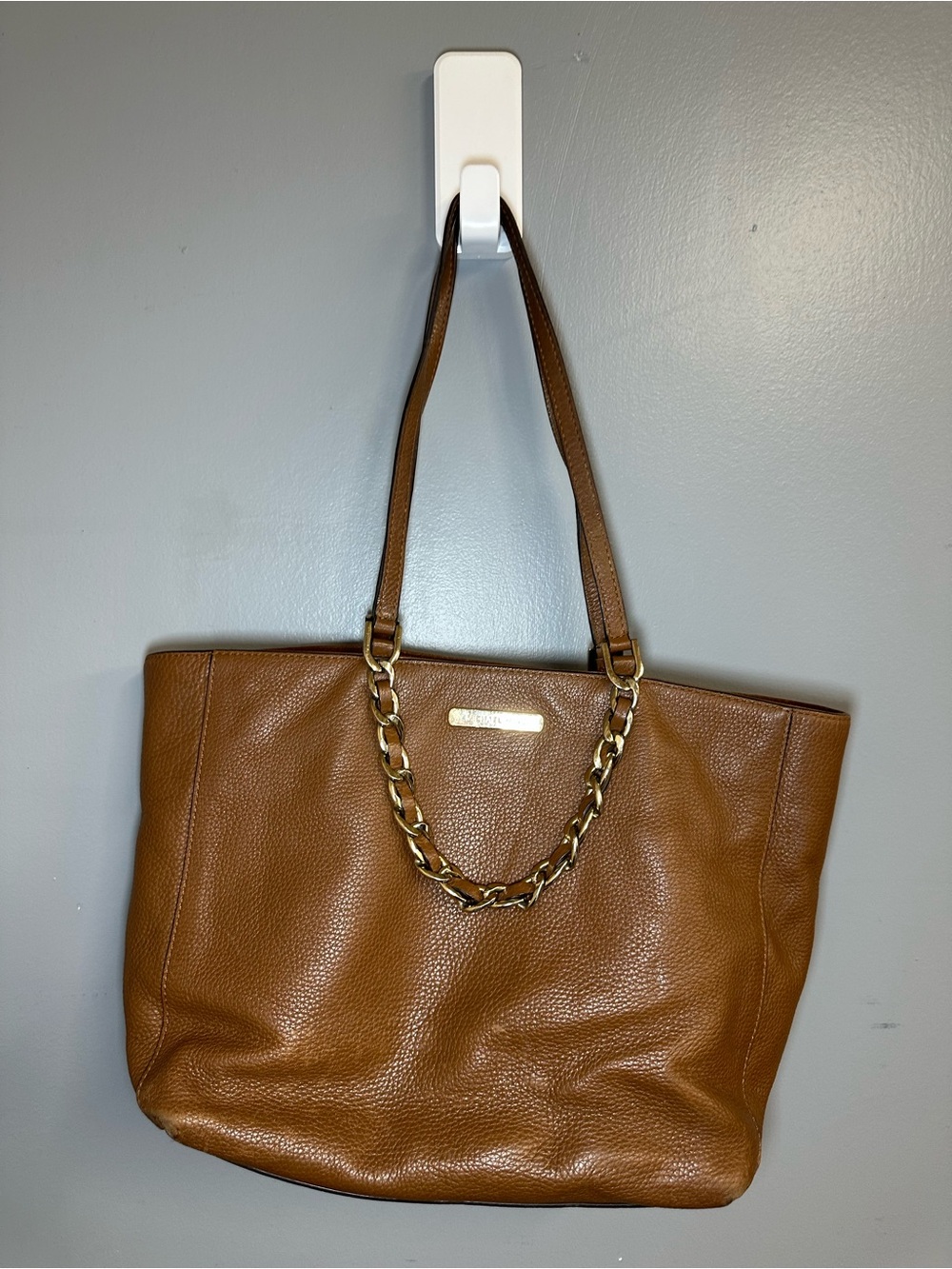 Michael Kors Leather Tote Bag in Brown with Gold Chain Accent